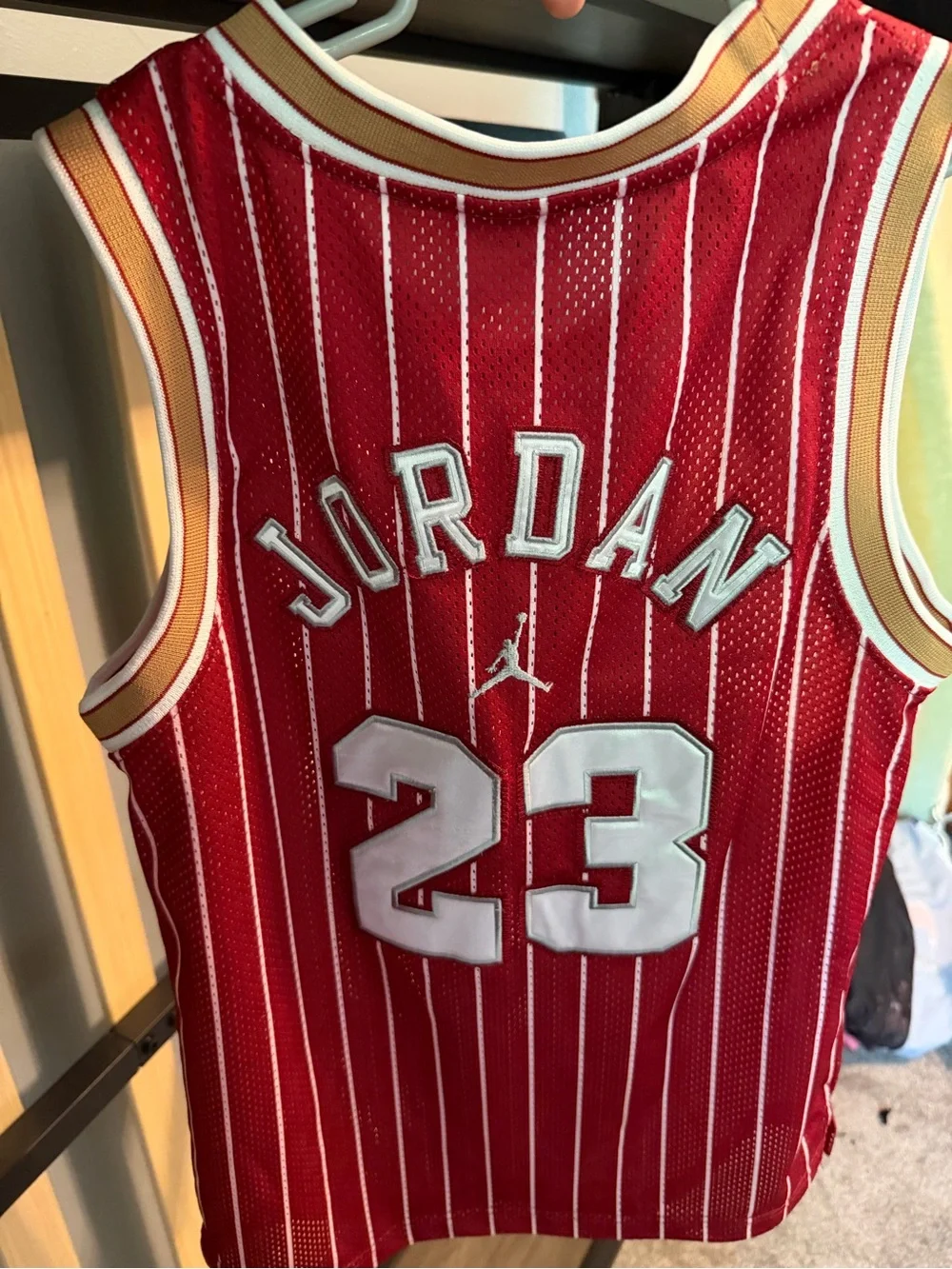 Jordan Red & White #23 Pinstripe Basketball Jersey with Gold Trim