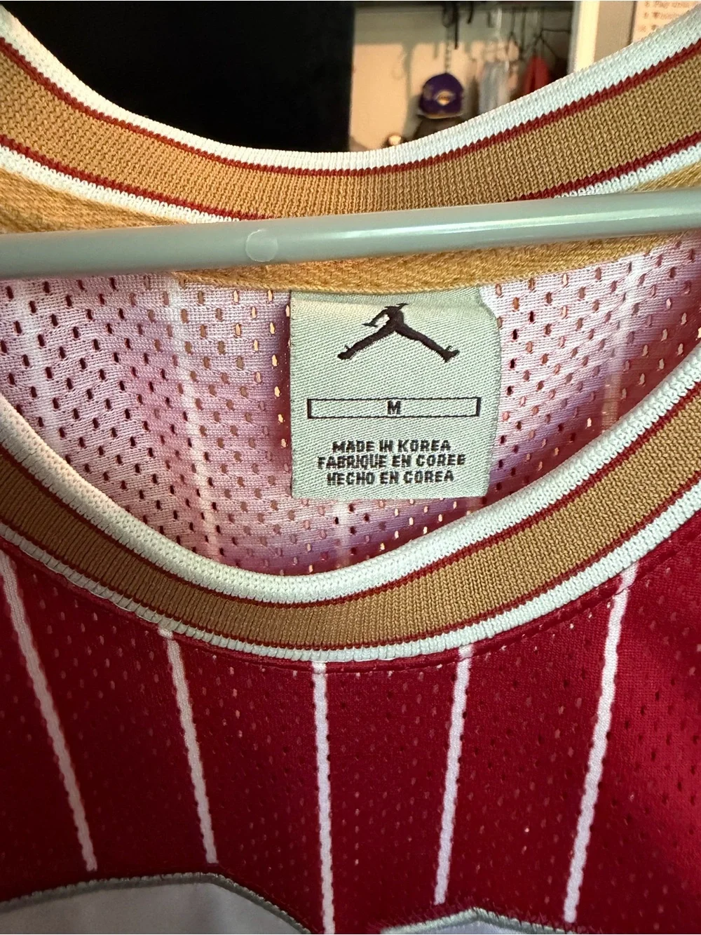 Jordan Red & White #23 Pinstripe Basketball Jersey with Gold Trim