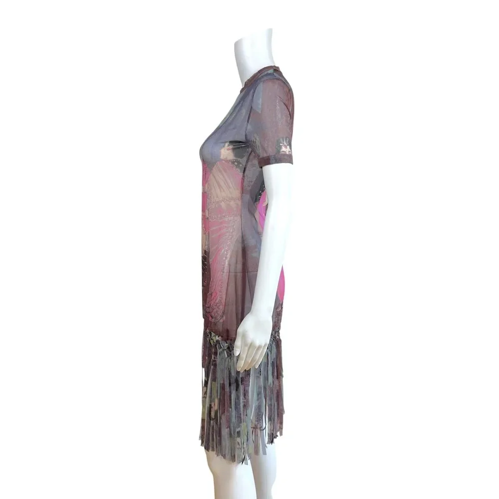 Jean Paul Gaultier Purple Multicolor People Print Fringe Trim Mesh Mini Dress