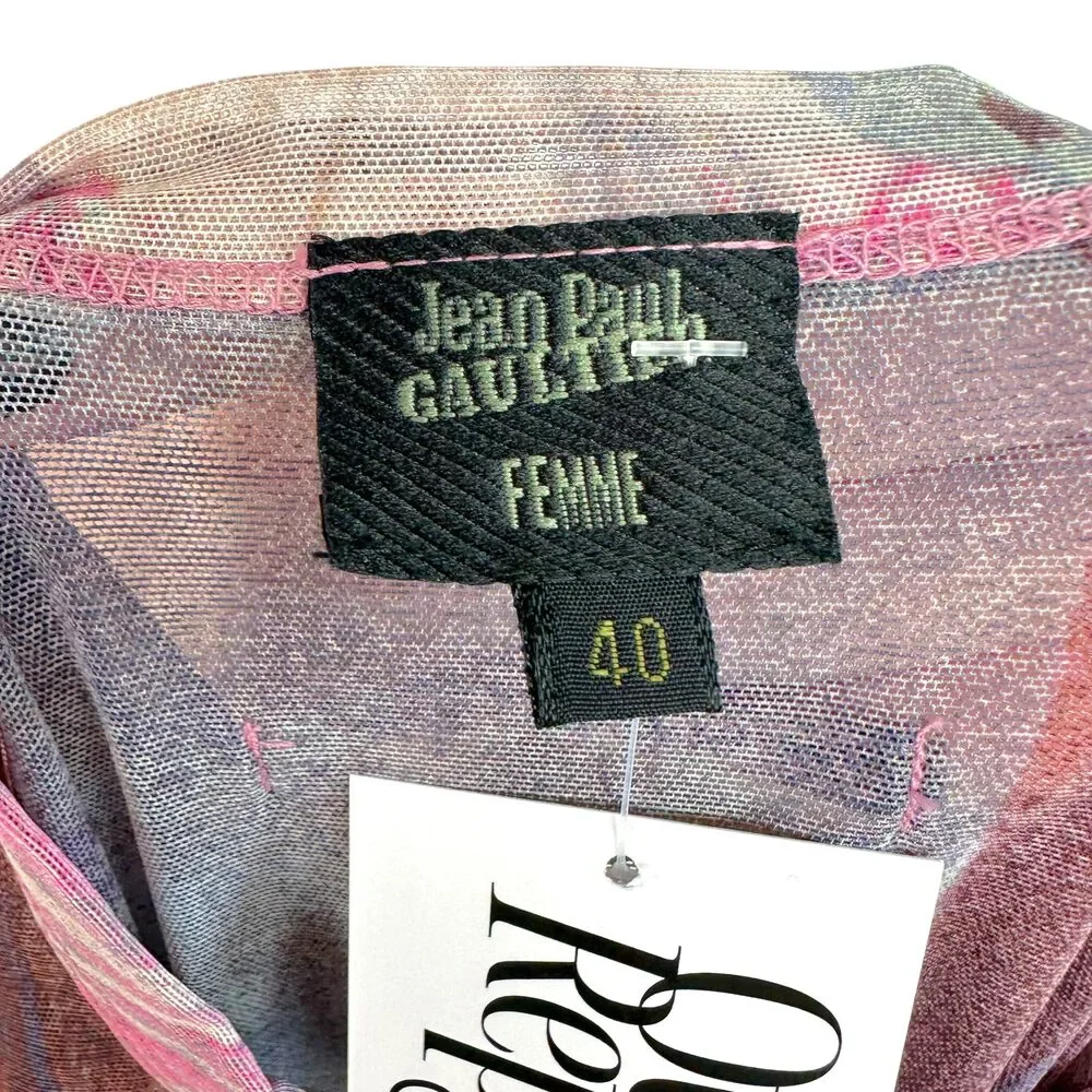 Jean Paul Gaultier Purple Multicolor People Print Fringe Trim Mesh Mini Dress