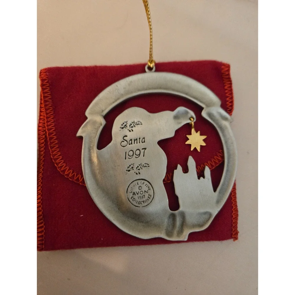 Beautiful Pewter Santa Christmas Ornament Metal 1997 Avon With Box And Bag