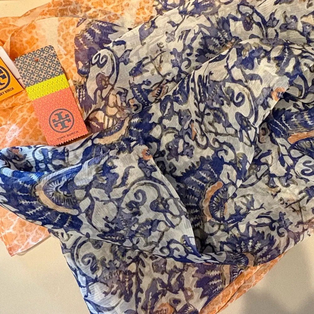 Tory Burch Silk Scarf in Ocean Mist. NWT