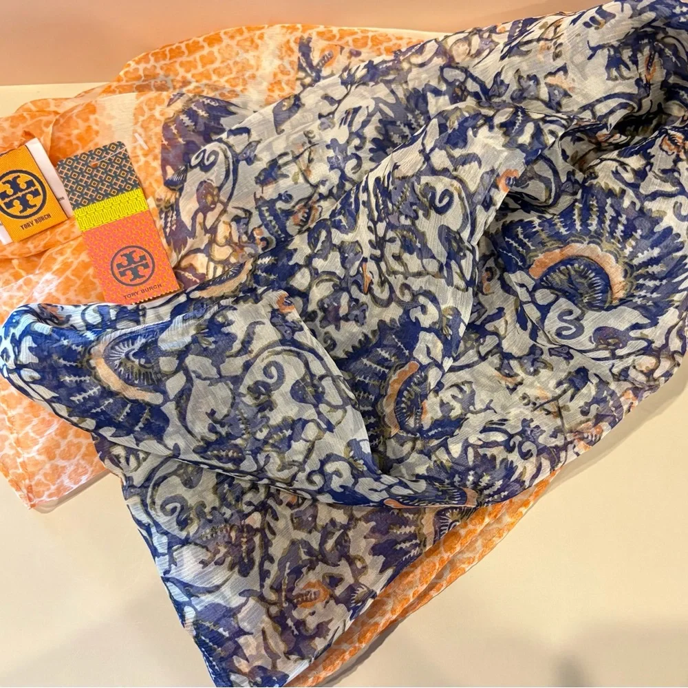 Tory Burch Silk Scarf in Ocean Mist. NWT
