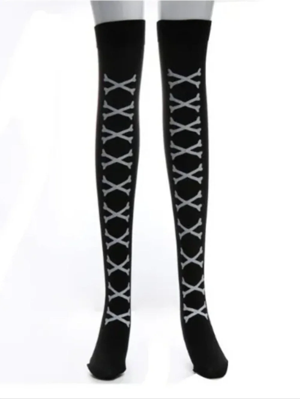 Black With White Crossbones Thigh-High Socks
