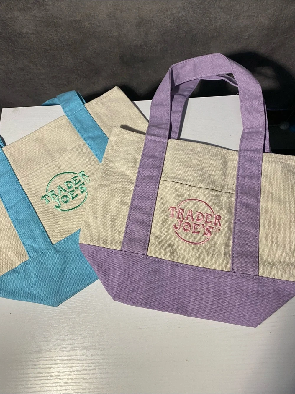 Trader Joes Mini Canvas Tote Bag Set Light Blue and Purple Lavender NWT