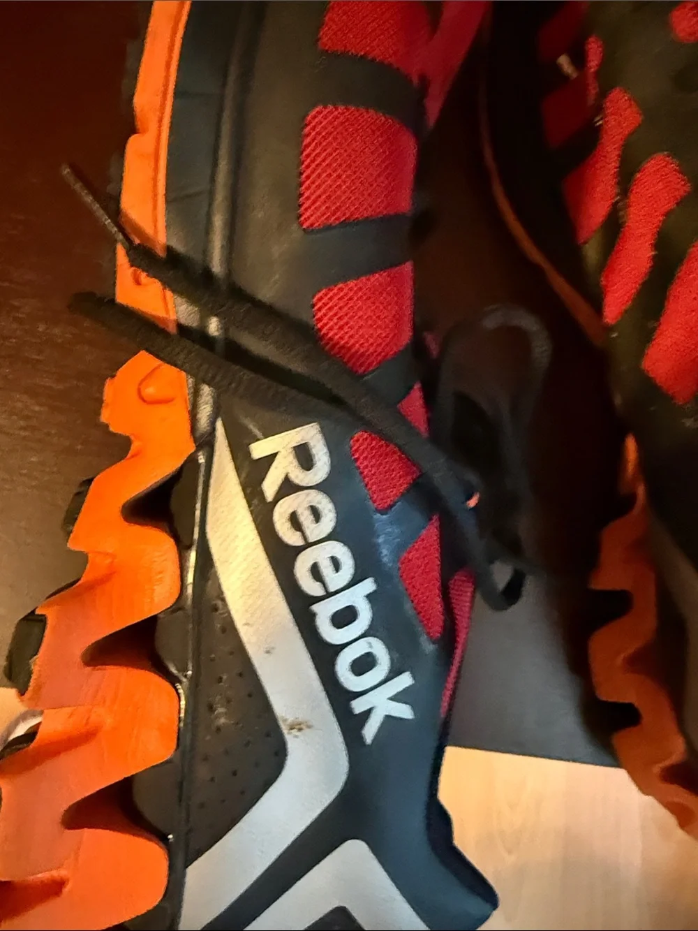 Reebok Red and Black Athletic Sneakers with Orange Soles