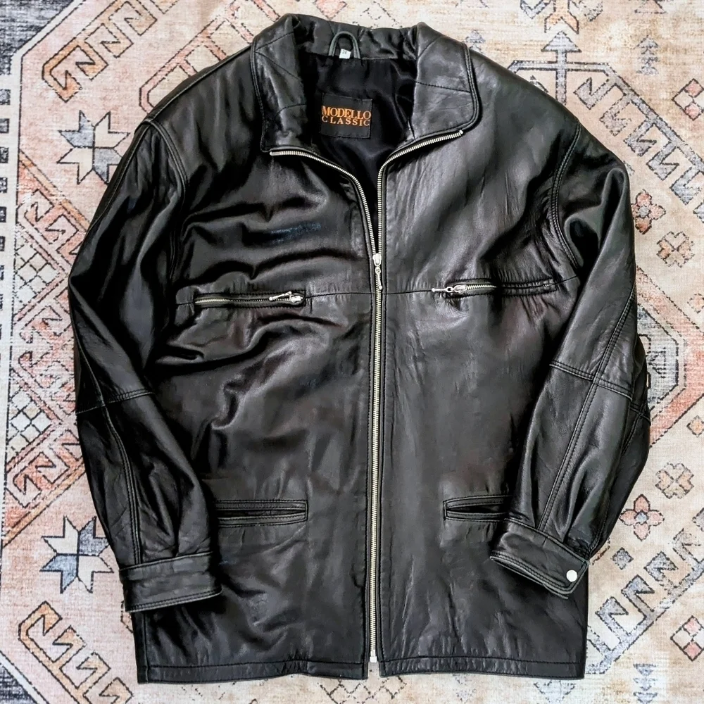 90s Grunge Oversized Style Black Leather Jacket Coat Large Mens Size 38