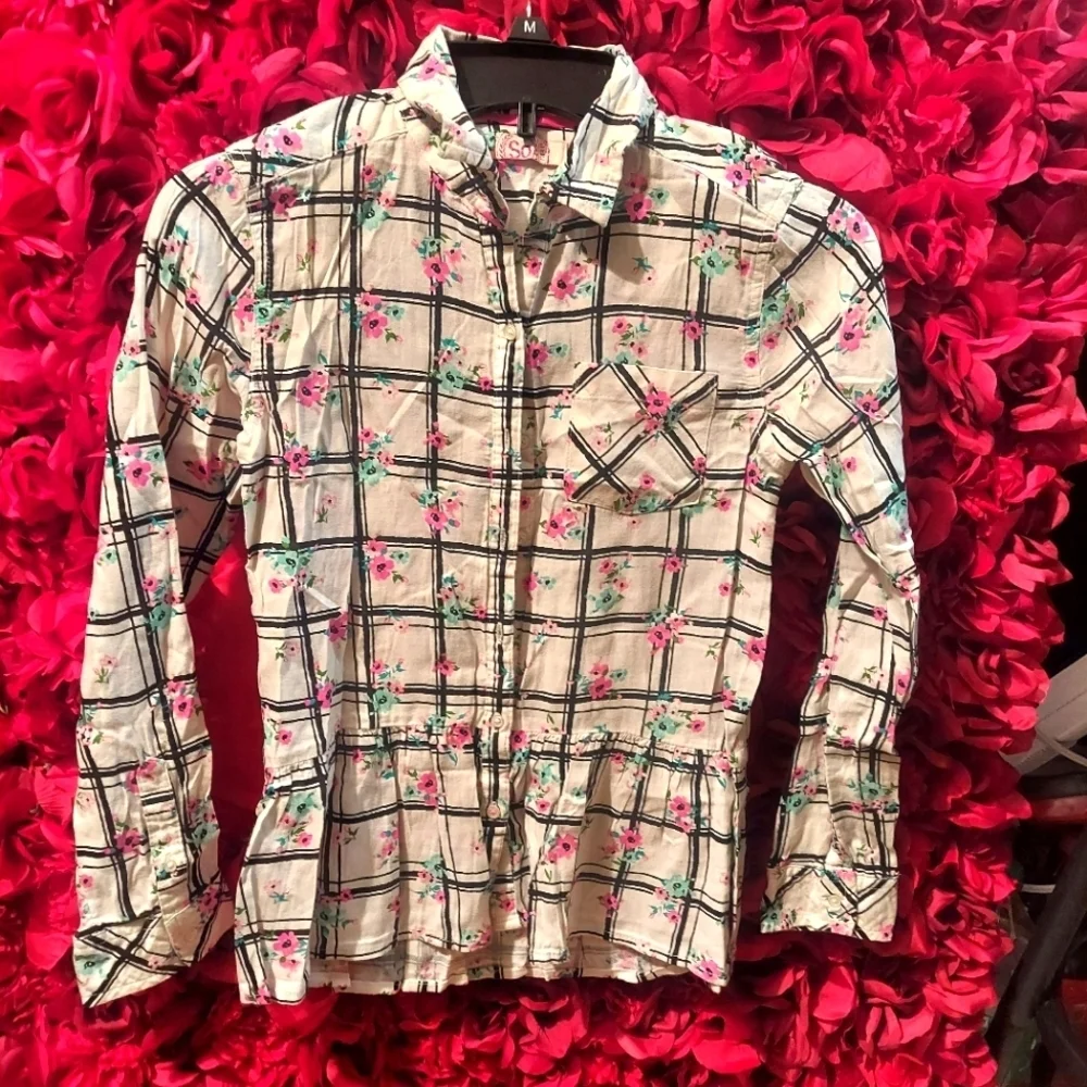SO Girls Size 12 Long Sleeve Floral Peplum Button Down Top