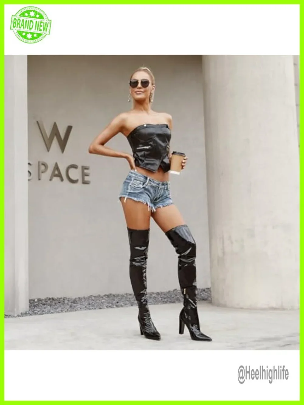 Patent Leather PU Pointed Toe Block Heel Over the Knee Boots Gogo Chunky Heel