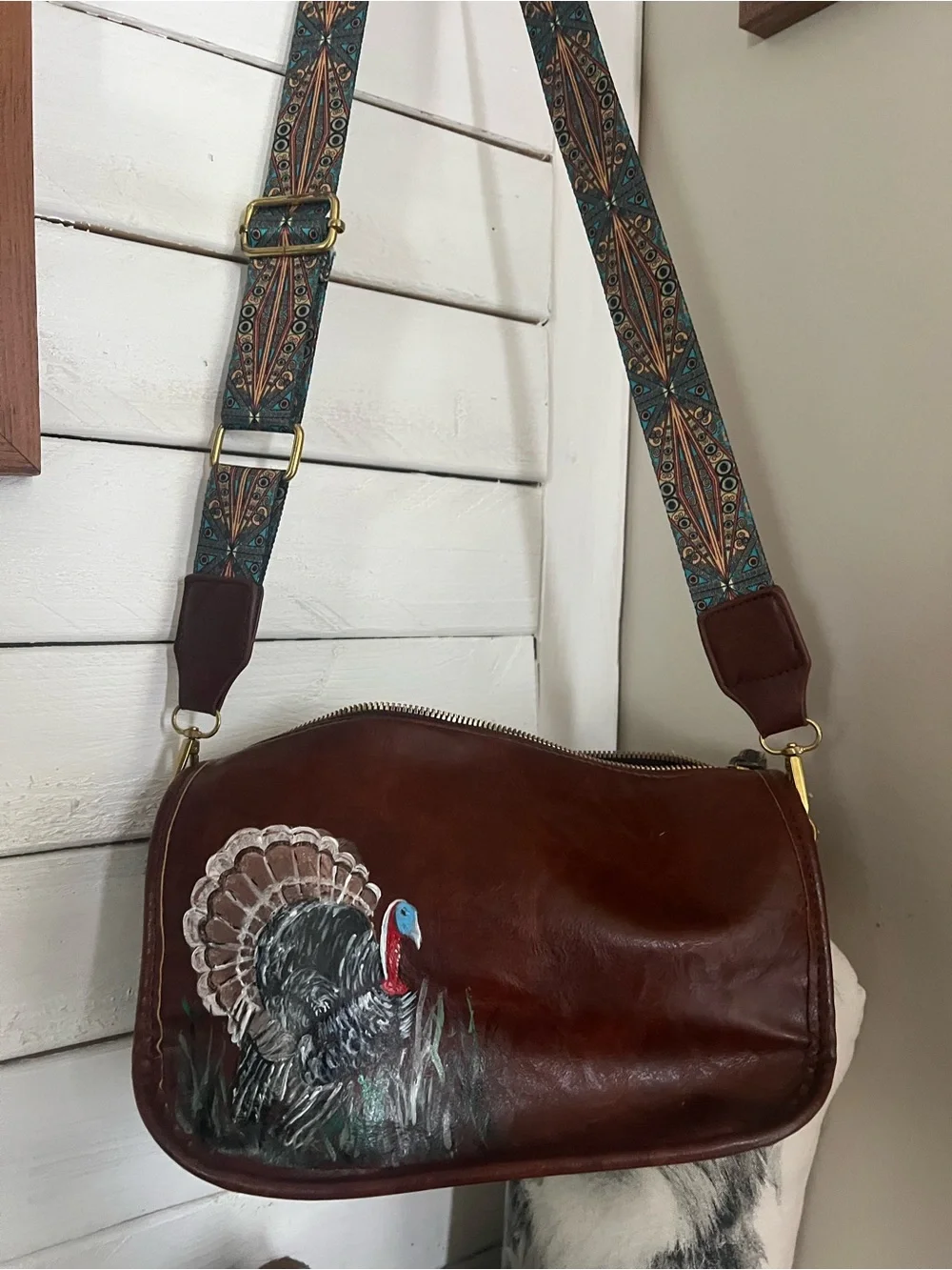 Brown Leather Crossbody Bag with Hand-Painted Turkey