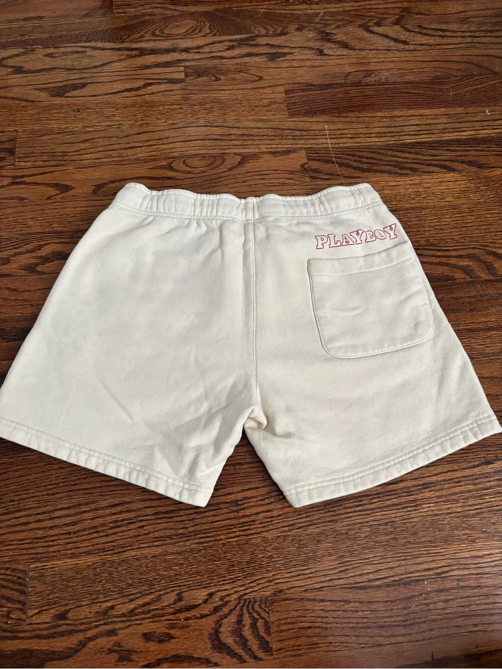 Playboy Men’s Cream Lounge Shorts with Red Bunny and Silhouette Size Small