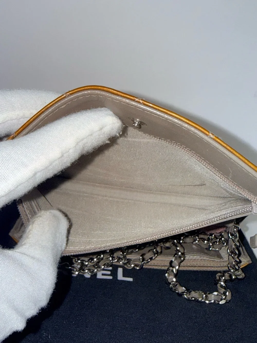 CHANEL Metallic champagne Patent Quilted WOC Silver Hardware RARE Color