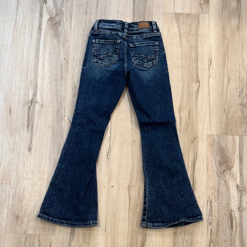 BKE Girls-Dark Wash Flare Jeans with Knee Rips