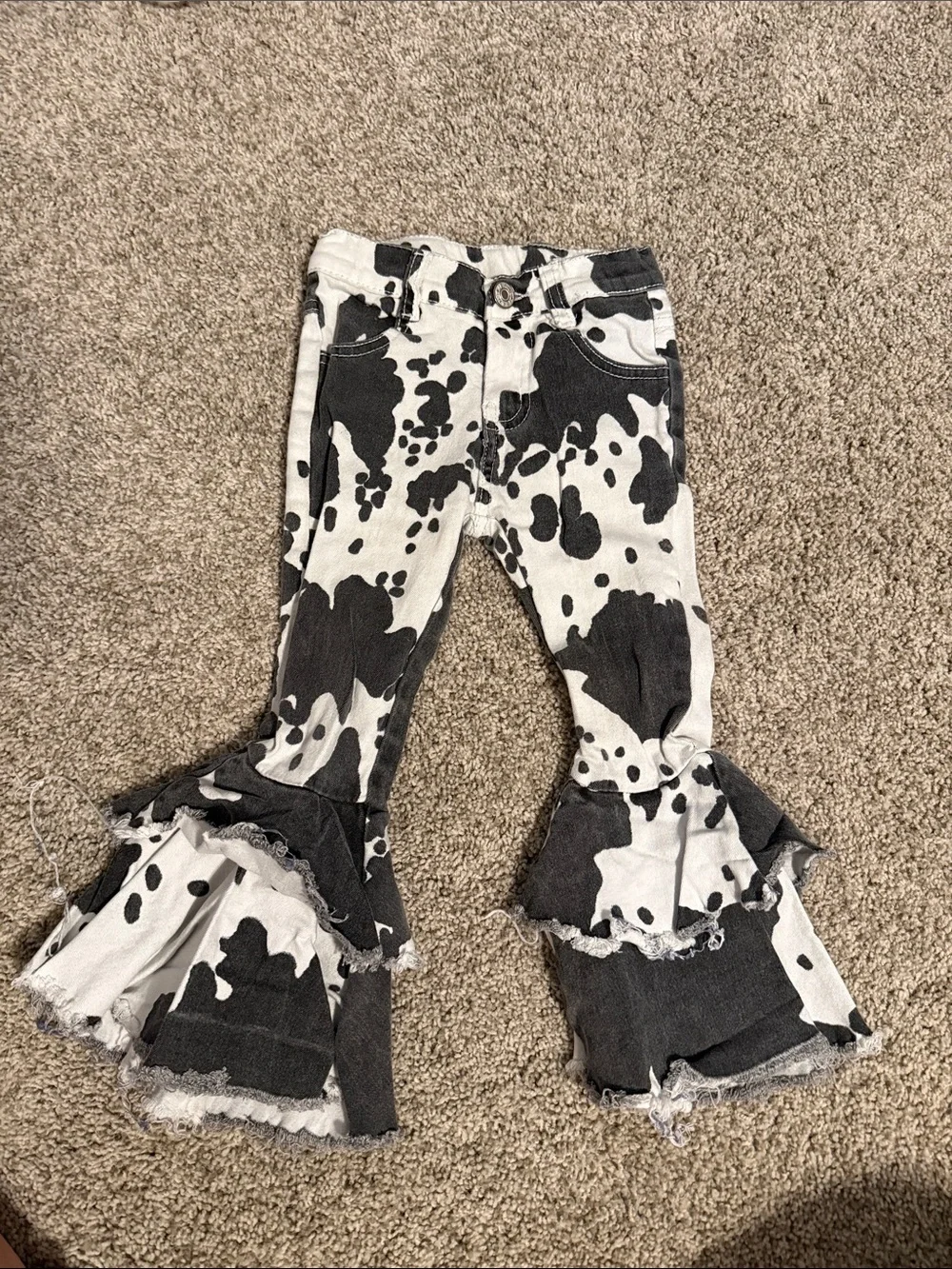 Cow Print Ruffle Flare Kids Pants - Black & White