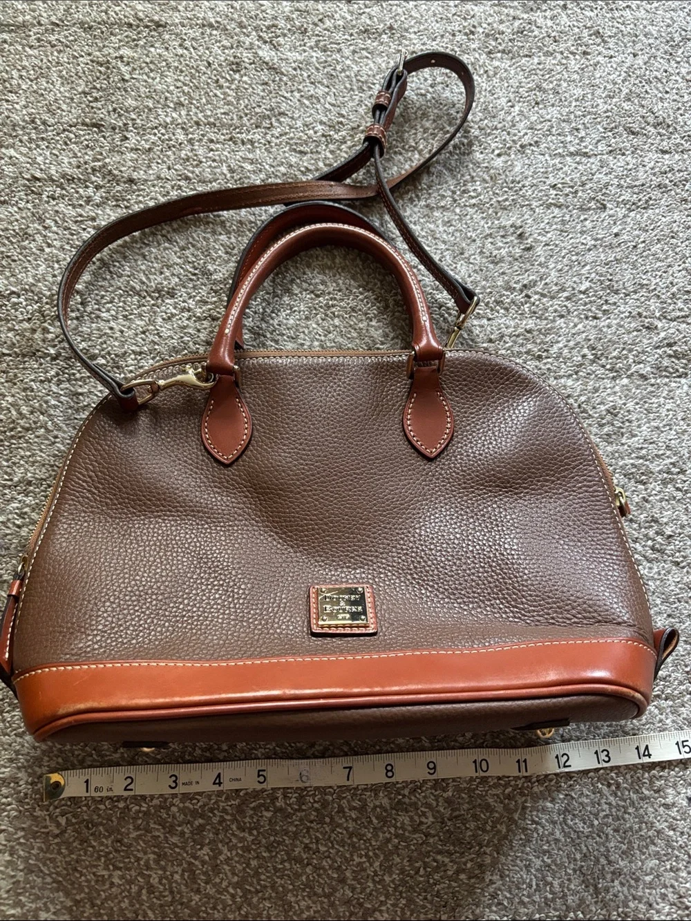 Dooney & Bourke Brown Pebbled Leather Dome Satchel with Tan Trim