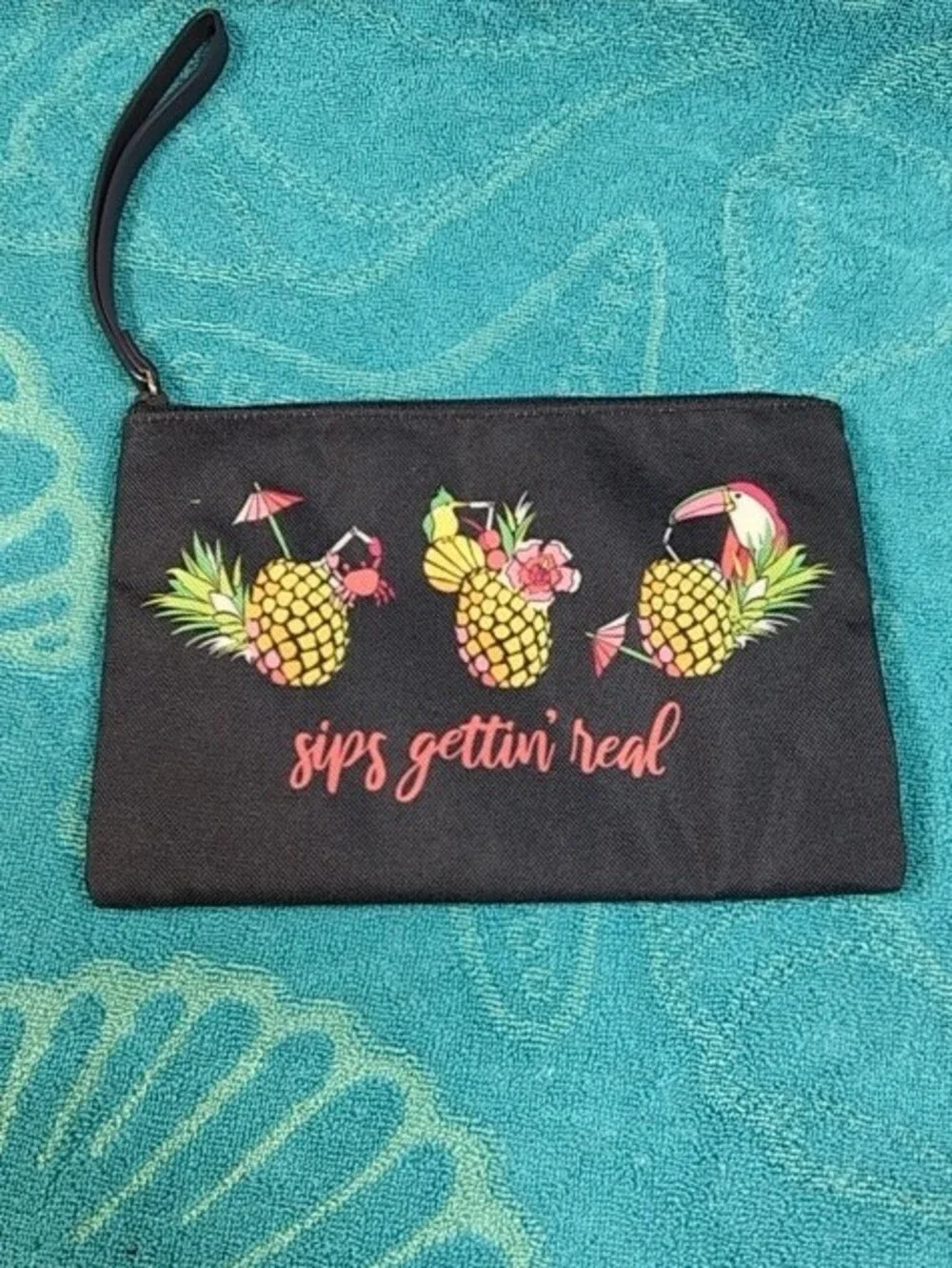 Vera Bradley Black Wristlet with Yellow, Pink and Green Pineapple Motif