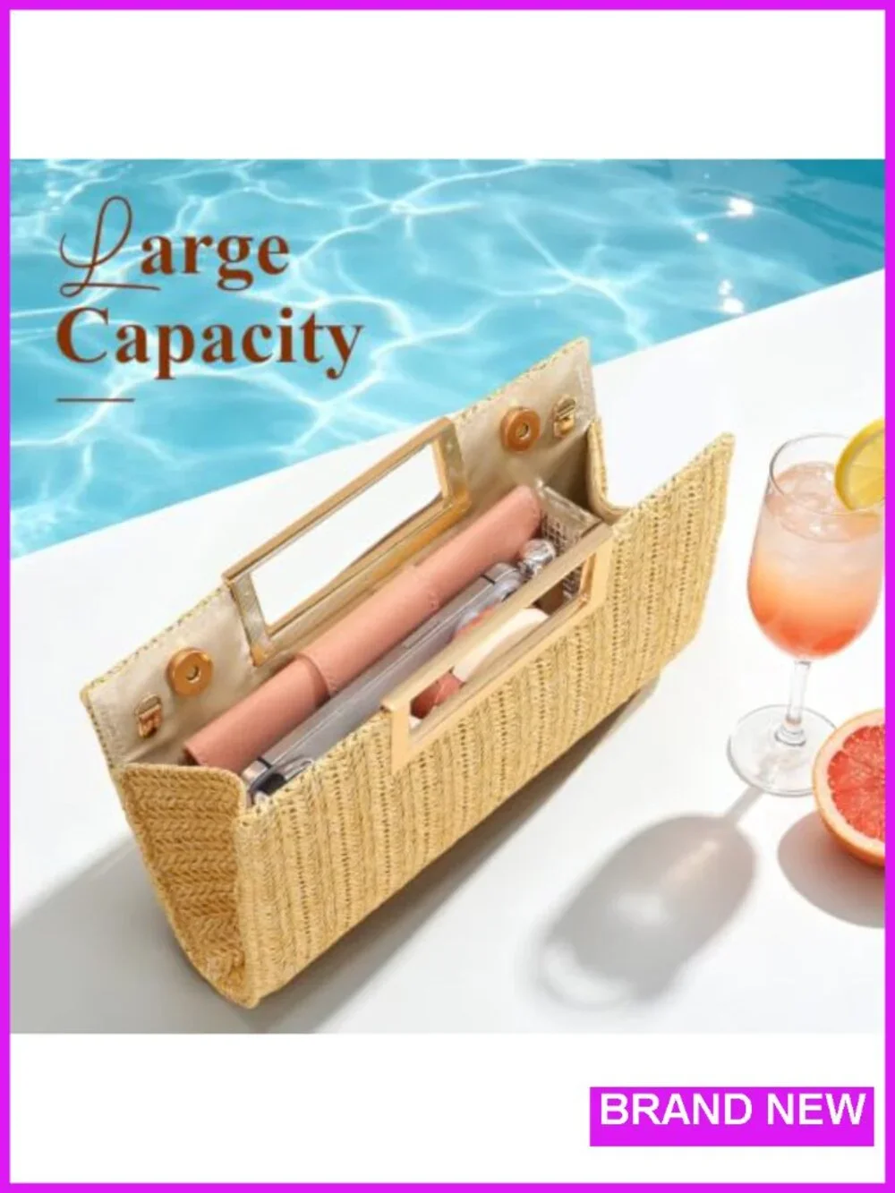 Straw Clutch Purse with Detachable Chain, Magnetic Closure for Wedding Party