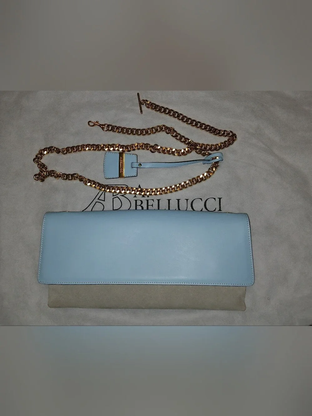A. Bellucci Two-Tone Light Blue/Gray Leather and Sued Chain Shoulder Bag