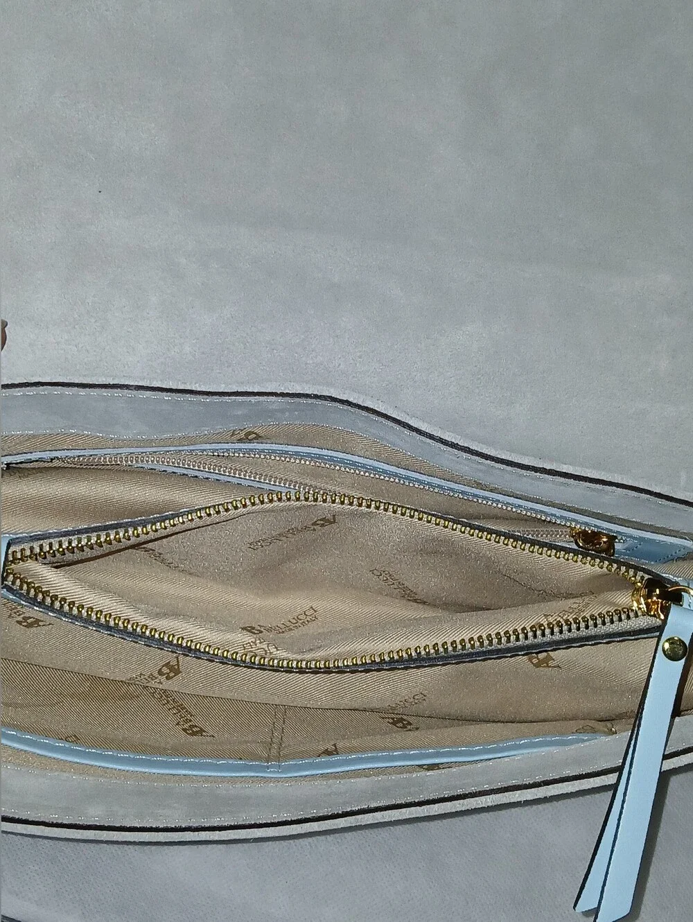A. Bellucci Two-Tone Light Blue/Gray Leather and Sued Chain Shoulder Bag