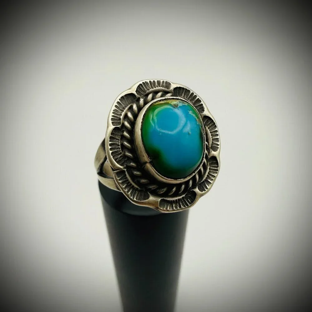 Navajo Sterling Turquoise Ring — Freda Martinez “F” Hallmark, Size 7.5