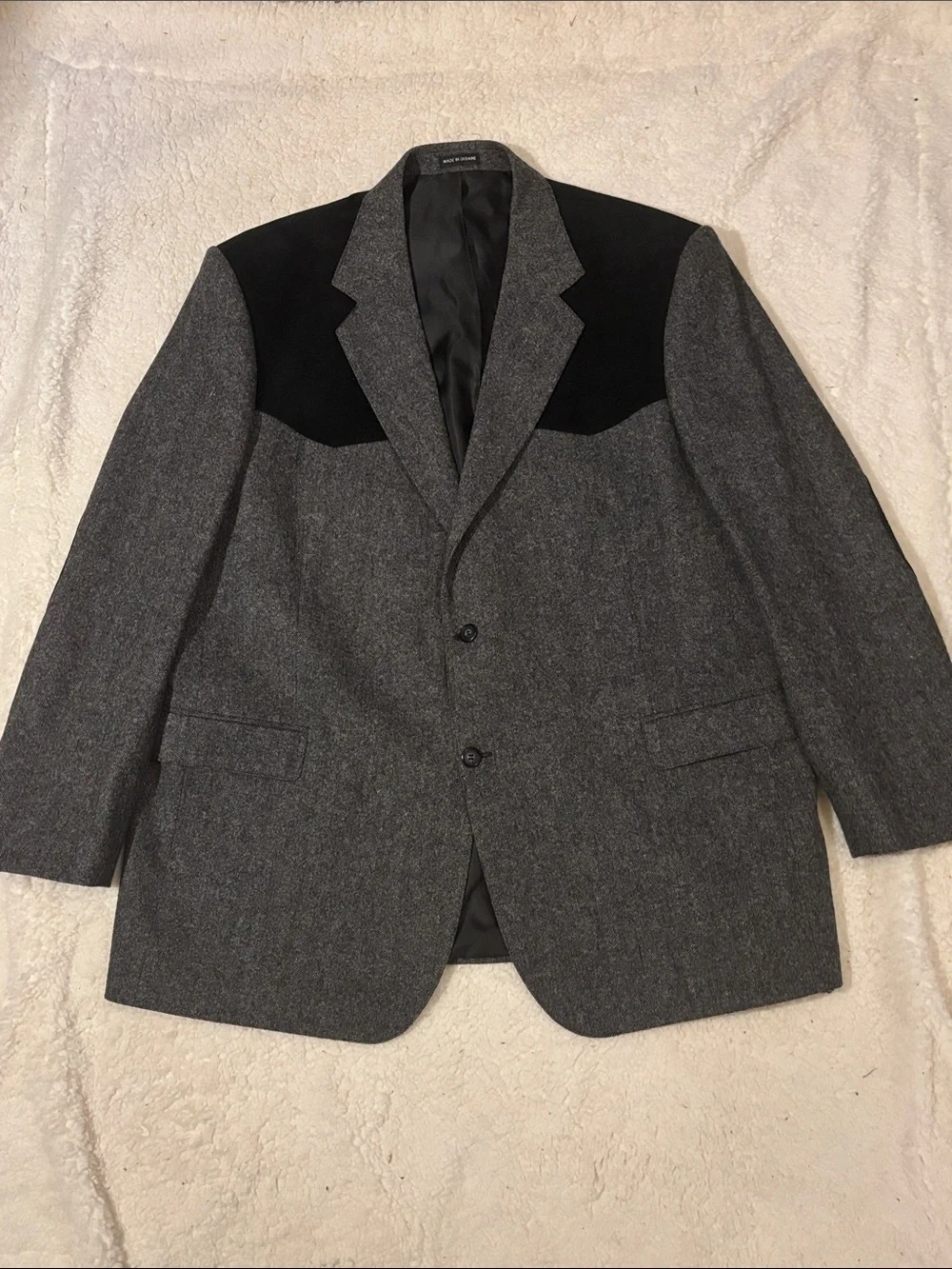 Men's Two-Tone Gray Wool Western Blazer with Black Yoke & Elbow Patches 50L