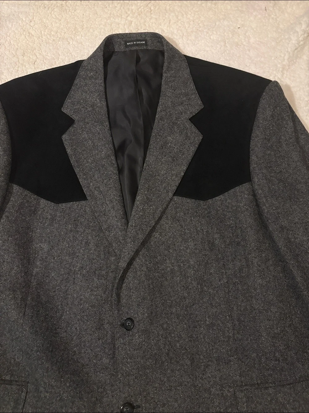 Men's Two-Tone Gray Wool Western Blazer with Black Yoke & Elbow Patches 50L