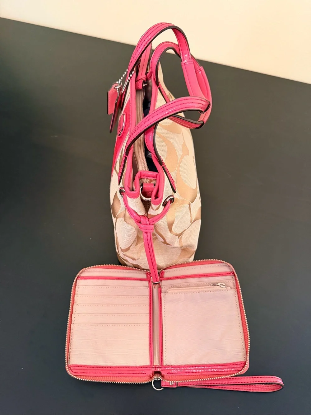 Coach Beige Signature Canvas Mini Tote with Hot Pink Trim and Wristlet
