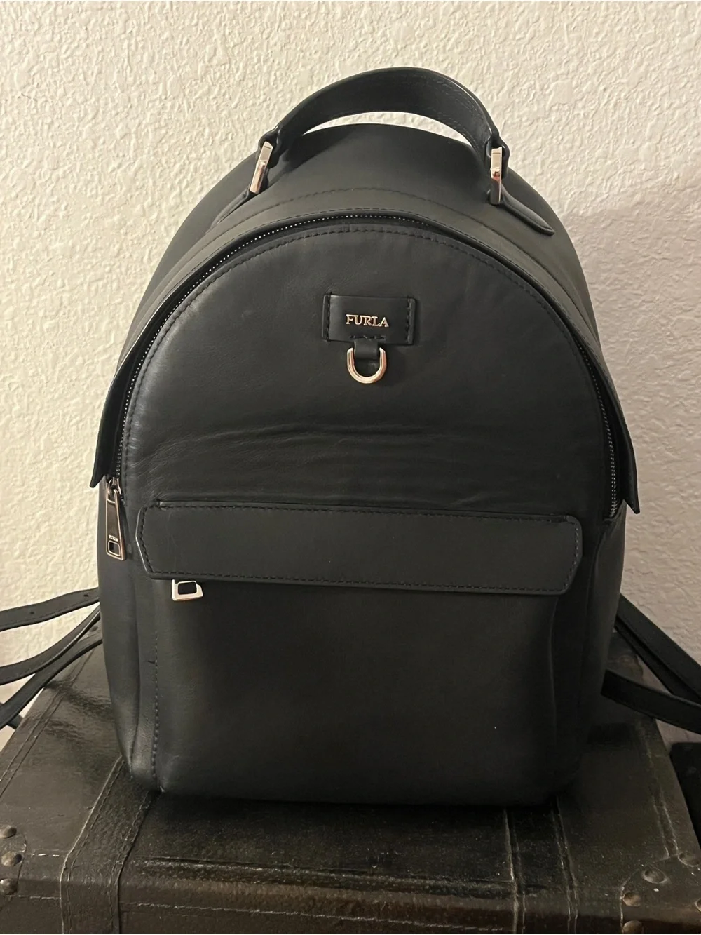 Furla Black Leather Mini Backpack with Gold Hardware