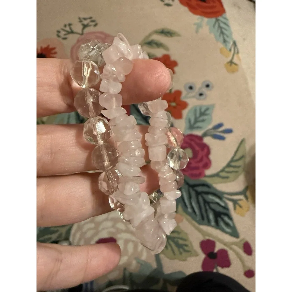Pair Of Two Stretch Elastic‎ Bracelets White Clear Pale Pink Rose Quartz