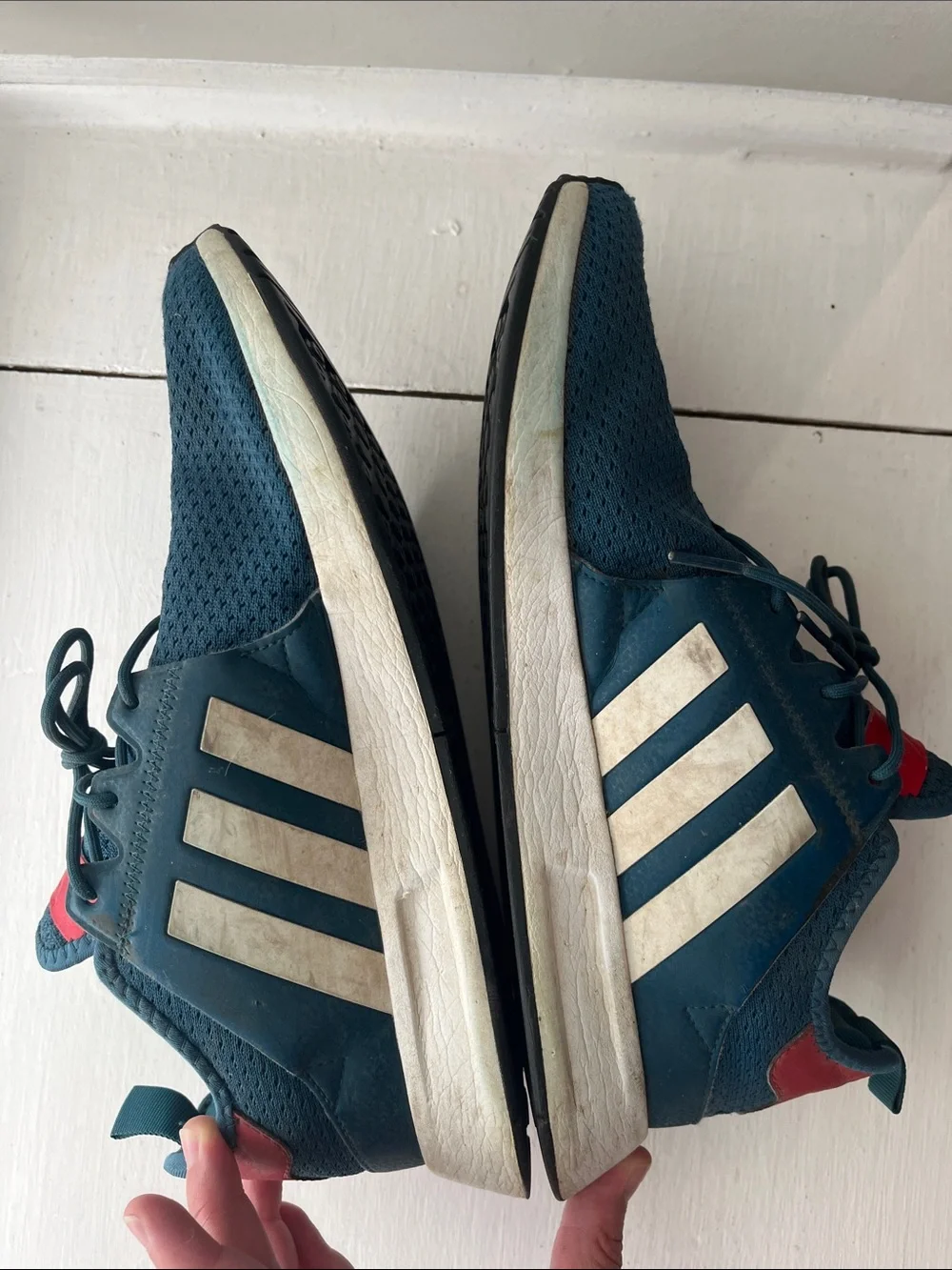 adidas Men’s Dark Teal Knit Sneakers with Red Logo Patch