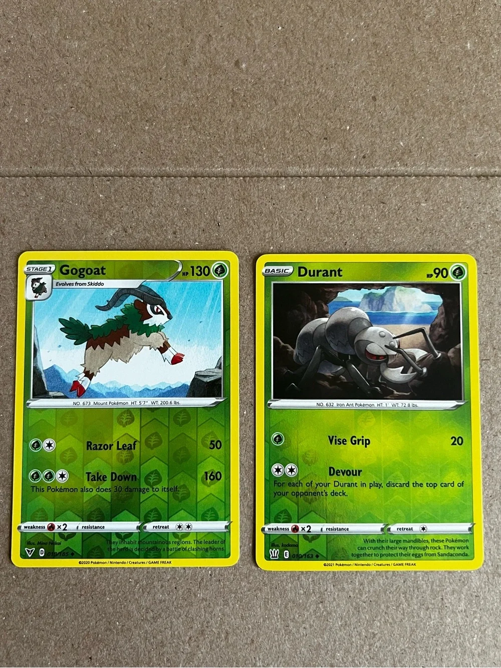 Pokémon Cards. Durant 010/163 HP 90 And Gogoat 018/185 HP 130
