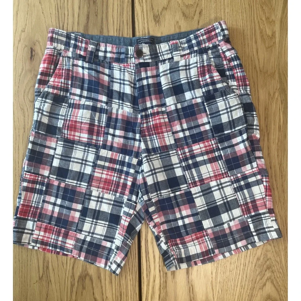 G.H. Bass Patchwork Plaid Shorts Mens 34 Red White Blue Preppy Summer Casual