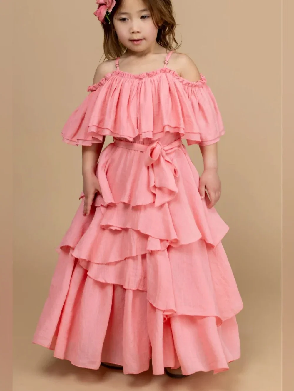 Joyfolie Litta Toddler Girls Pink Ruffle Tiered Off-Shoulder Dress 2T