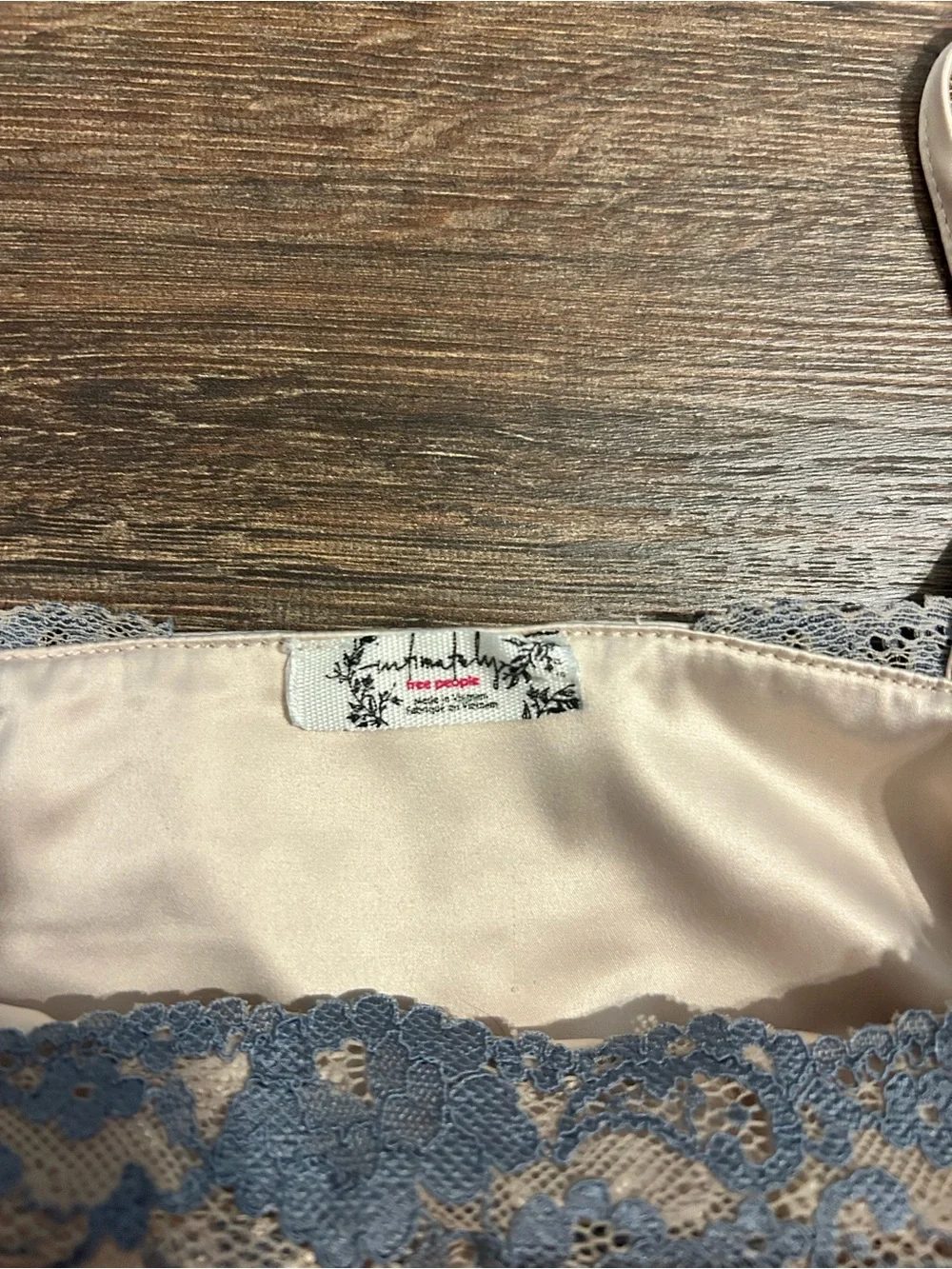 Free People Satin Cream Bandeau Cami with Blue Lace Trim