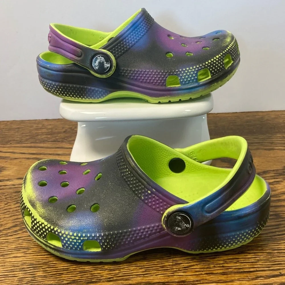 Crocs Classic Galaxy Spray Paint Clogs Kids Size C10 Neon Green Purple Black
