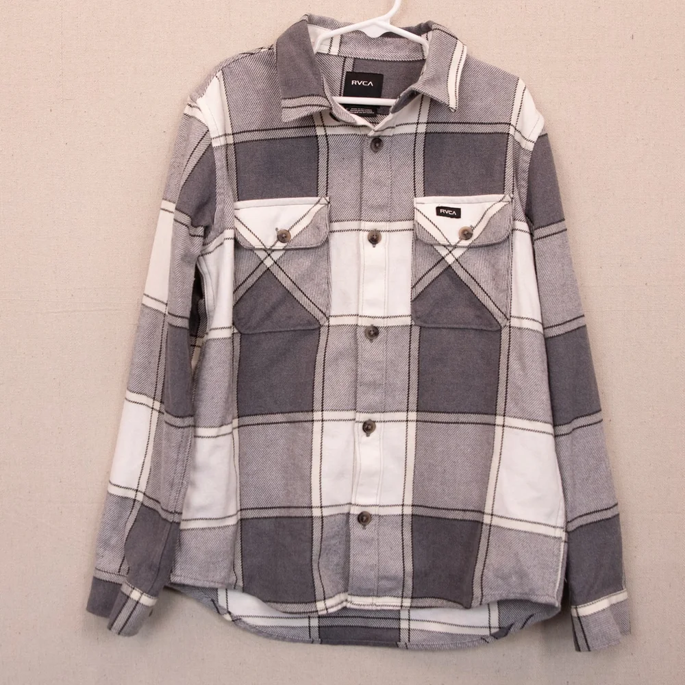 Boys RVCA flannel white and grey plaid button down shirt-S