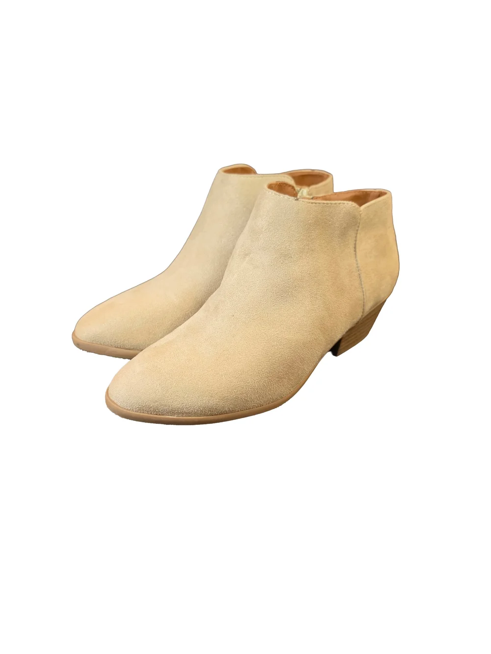 Soda Women's Ankle Booties Size 8.5 Beige Faux Suede Side Zip Low Block Heel