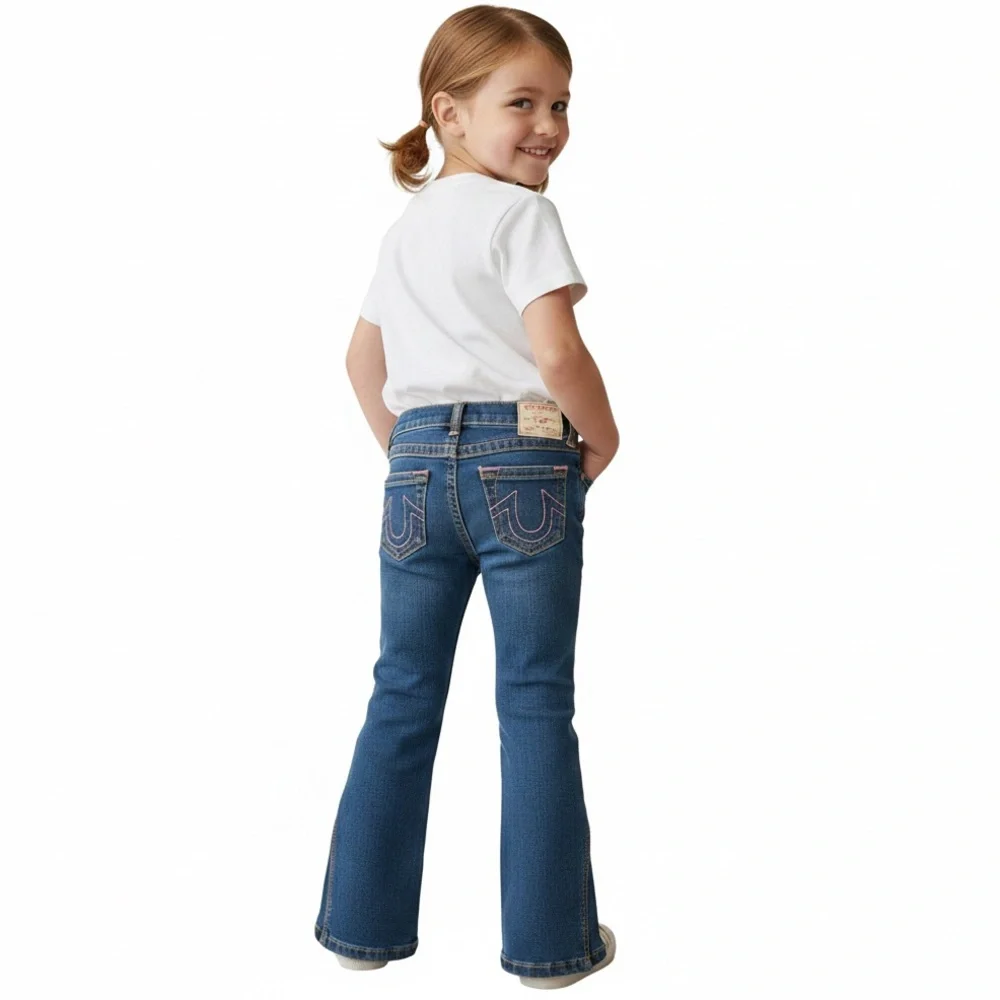 True Religion Girls Joey Flare Jeans high rise Pink Stitching Size 5 kids NWT