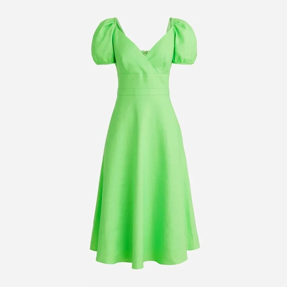 J. Crew Puff Sleeve V-Neck Midi Dress in Stretch Linen Blend