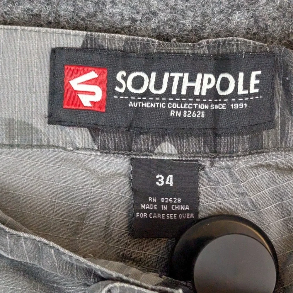 Y2K Southpole 34 Mens Baggy Grey Camouflage Cotton Ripstop Tactical Cargo Shorts