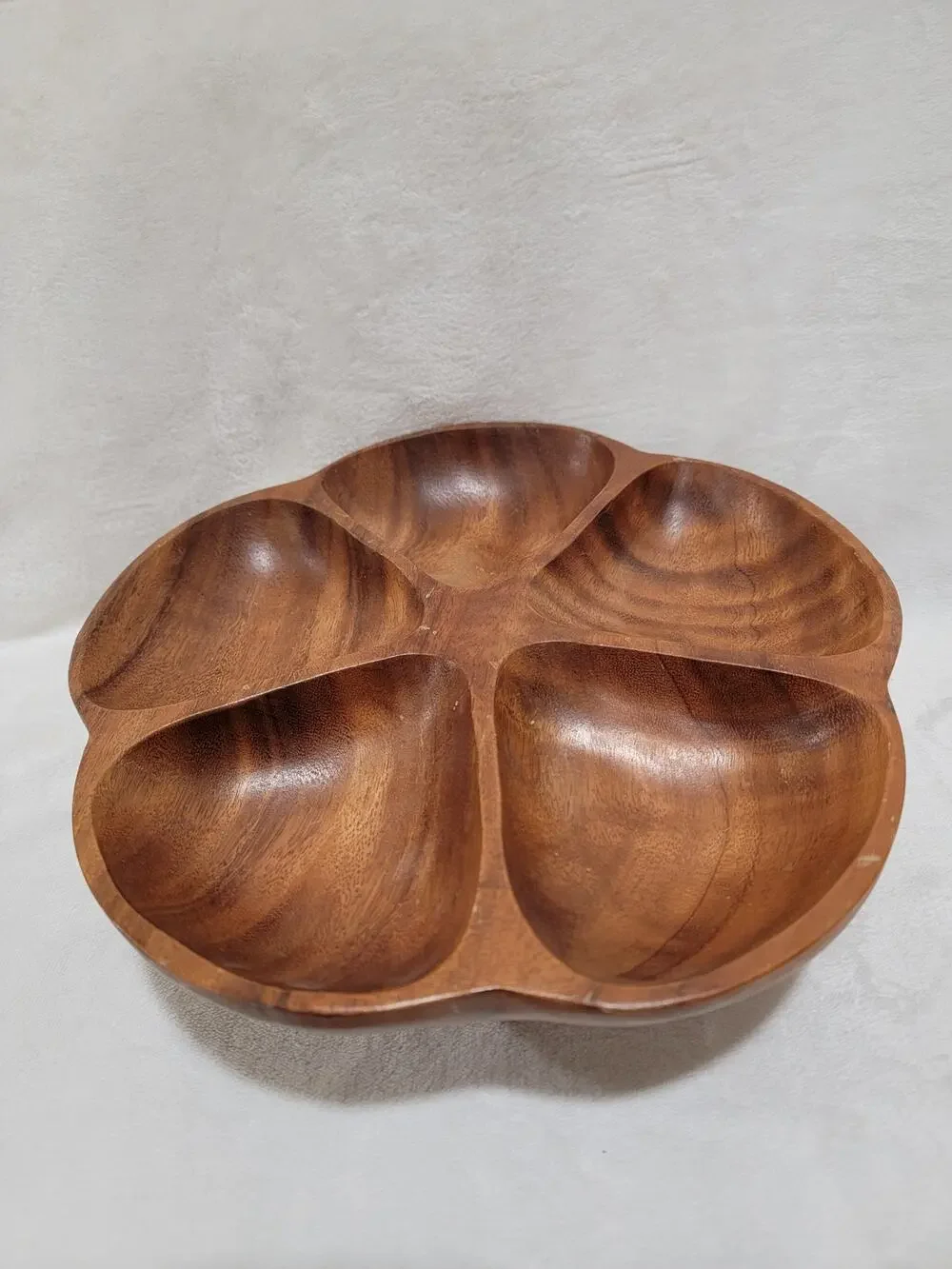 Vintage Monkey Pod Wood Lazy Susan Turntable Flower Shape Pedestal Divided Dish