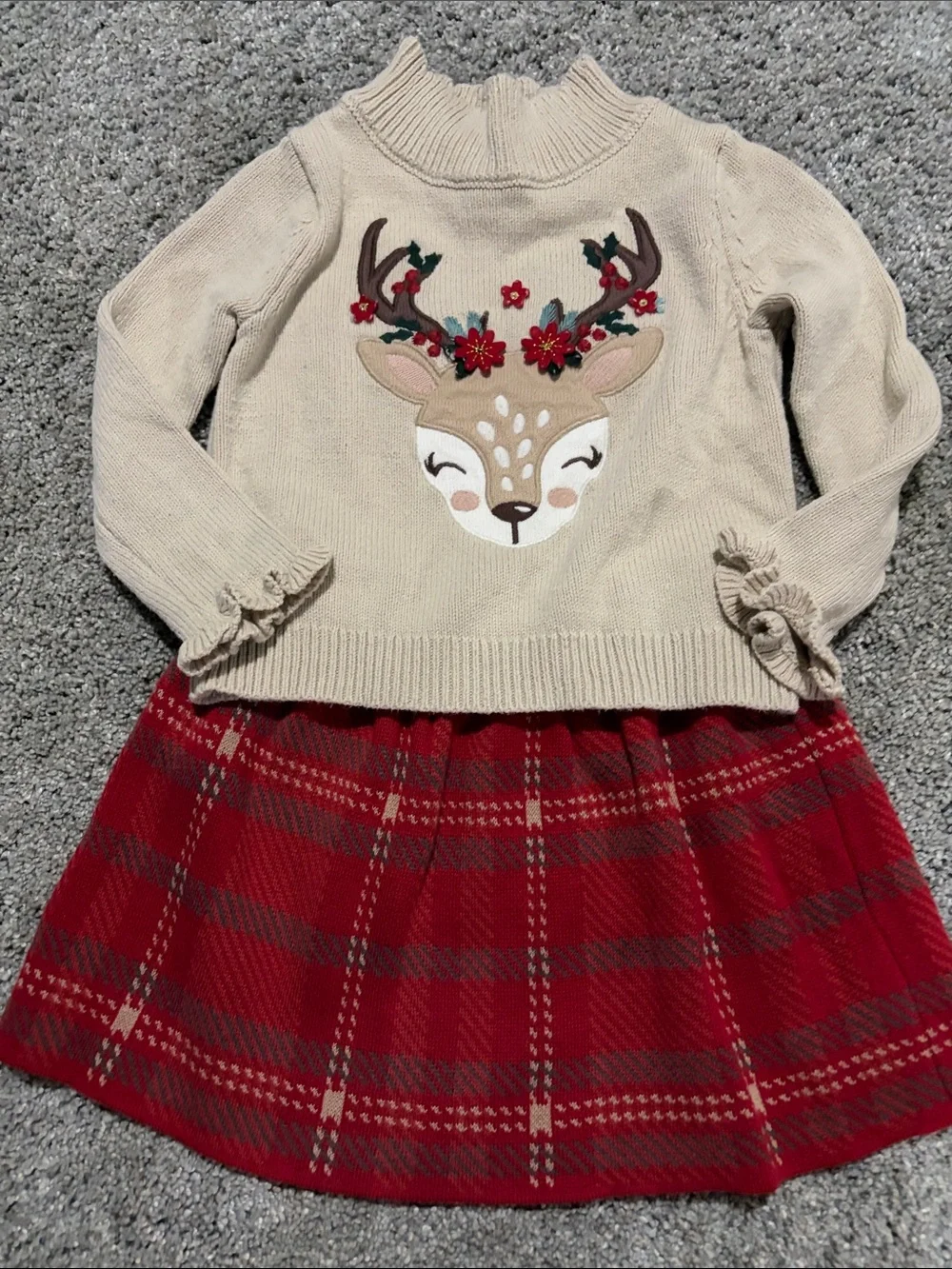 Cynthia Rowley Cream Deer Sweater with Red Plaid Skirt