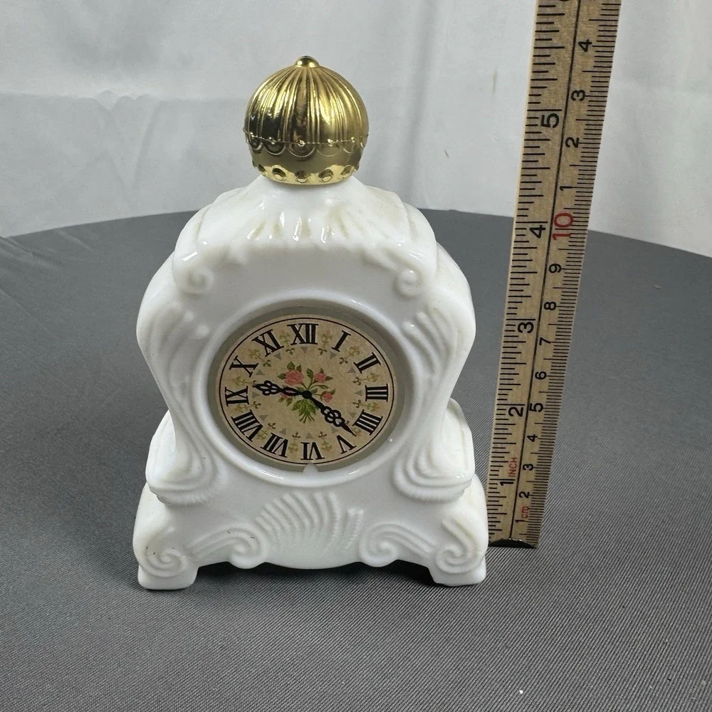 Vintage AVON Brocade White Milk Glass Mantel Clock Foaming Bath‎ Oil 5 oz