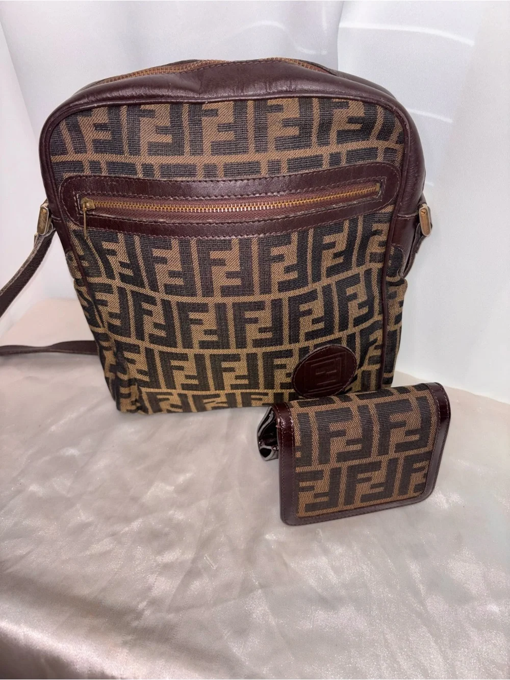 Fendi Brown FF Logo Messenger Bag with Matching Wallet