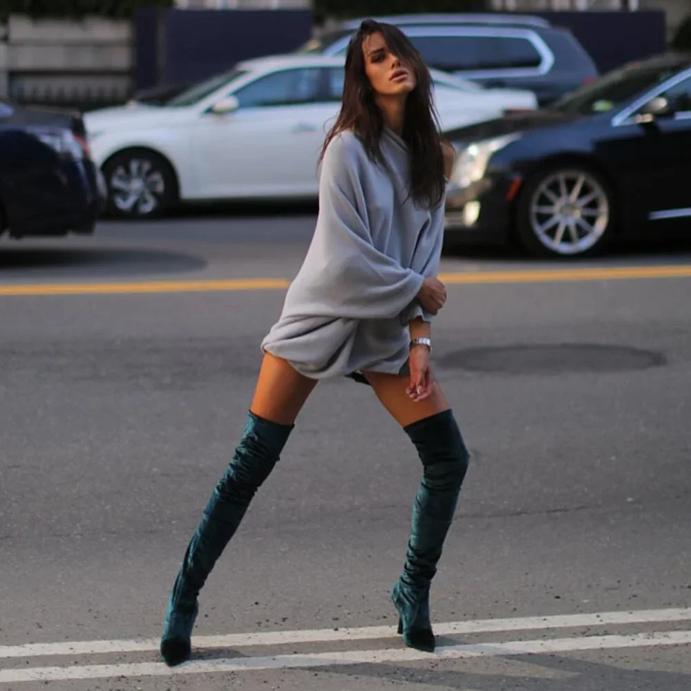 Beautiisoles by Robyn Shreiber Marilia Thigh High Green Floral Velvet Boots