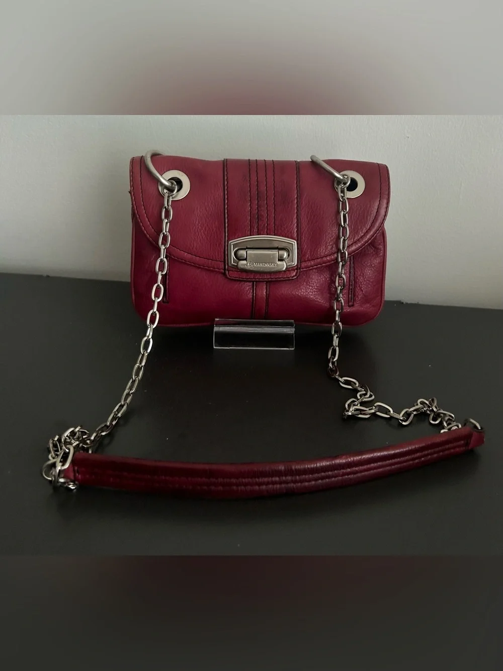 B. Makowsky Burgundy Pebbled Leather Crossbody Bag Silver Chain Purse