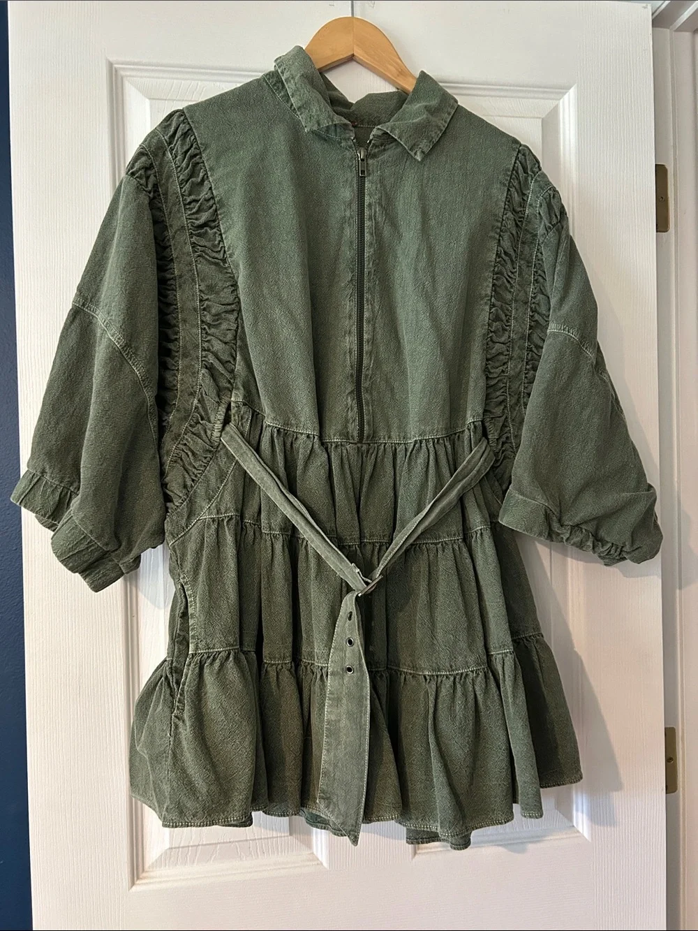 Free People Olive Green Textured Zip-Front  Dress