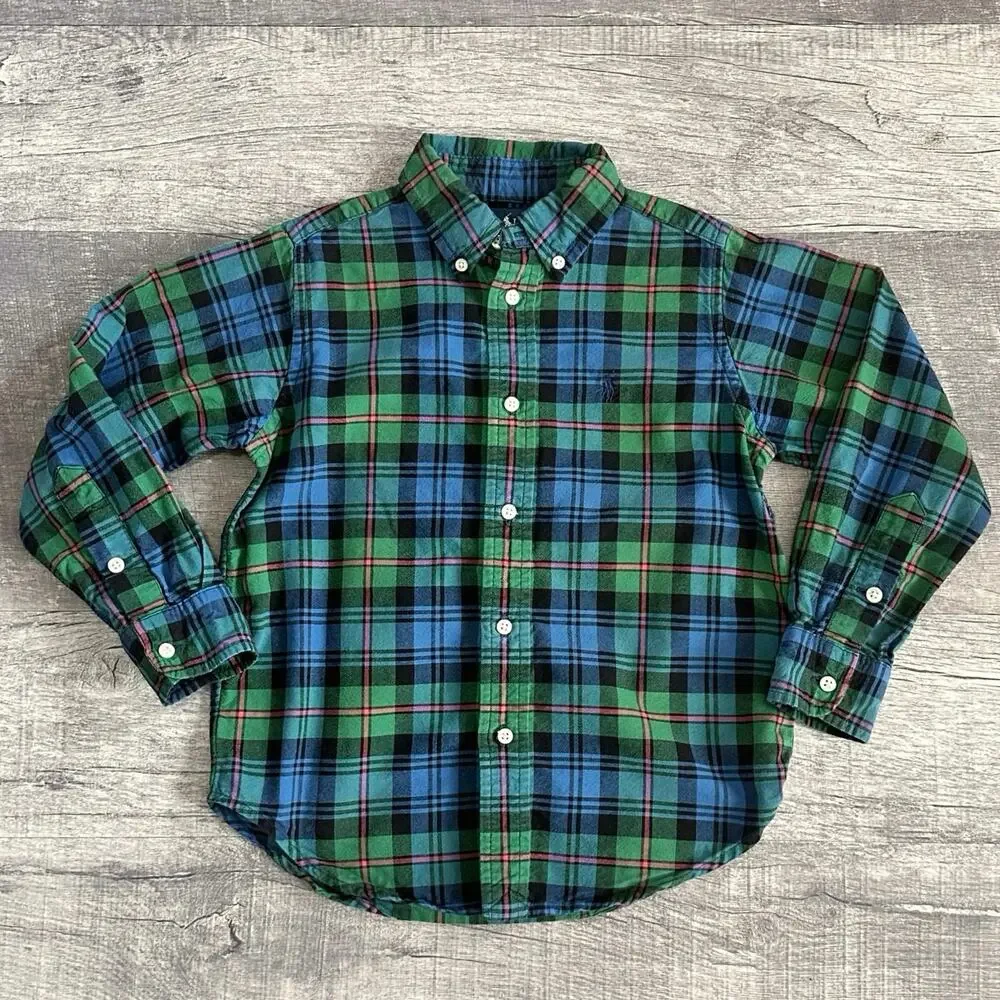 Ralph Lauren Plaid Button Up Dress Shirt Boys 5 Green Blue Cotton Long Sleeve