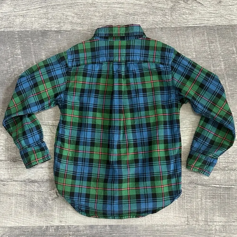 Ralph Lauren Plaid Button Up Dress Shirt Boys 5 Green Blue Cotton Long Sleeve