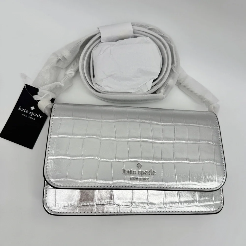 Kate Spade Madison Croc Embossed Willow Mini Flap Crossbody Silver